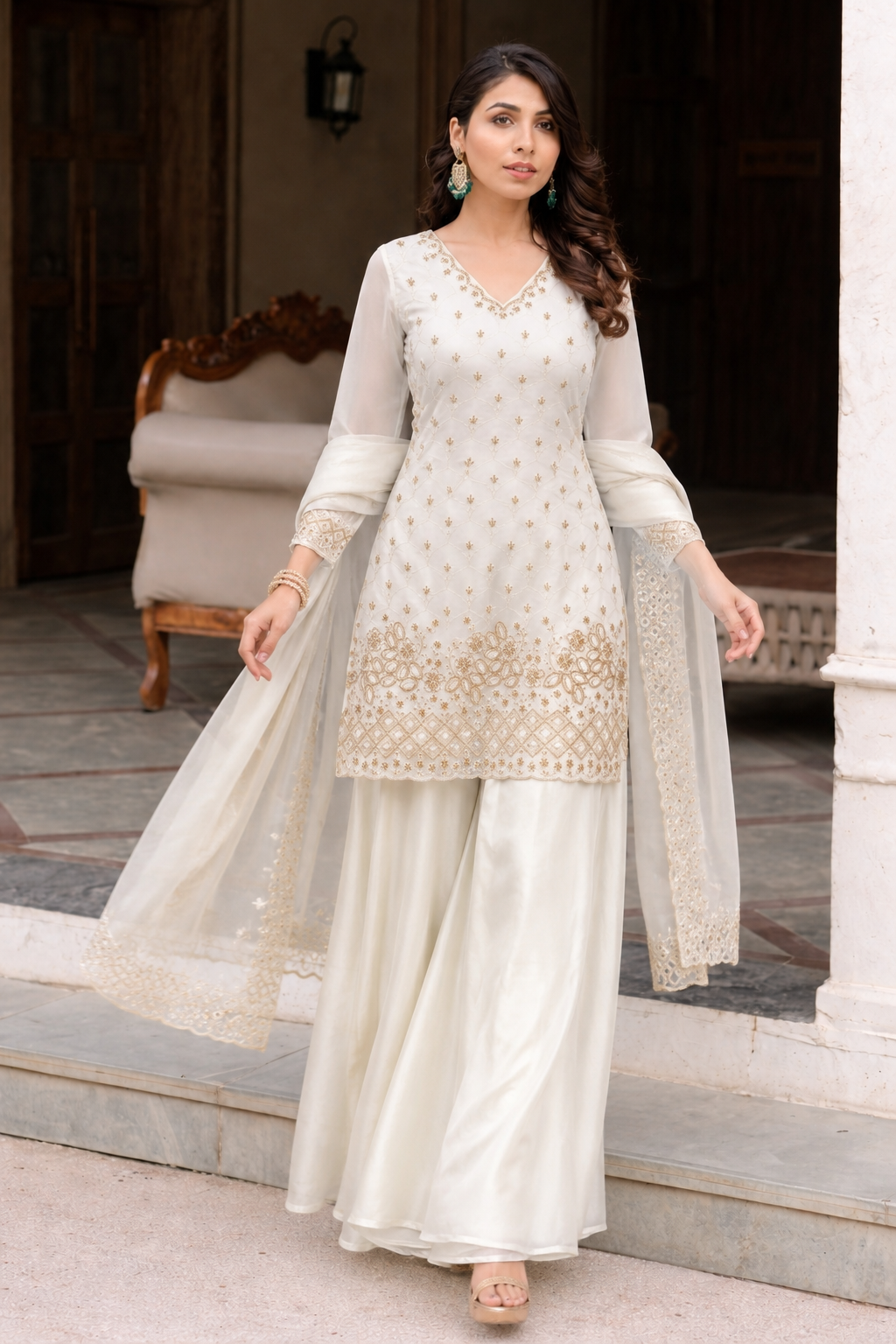 White pakistani kurti with palazzo and dupatta set