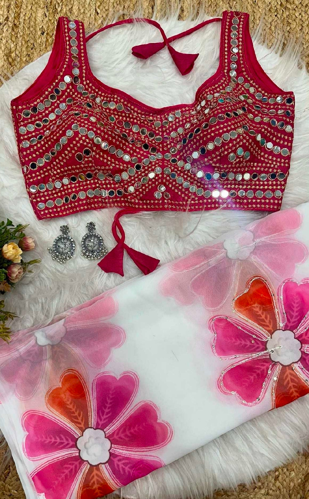White floral printed saree with blouse