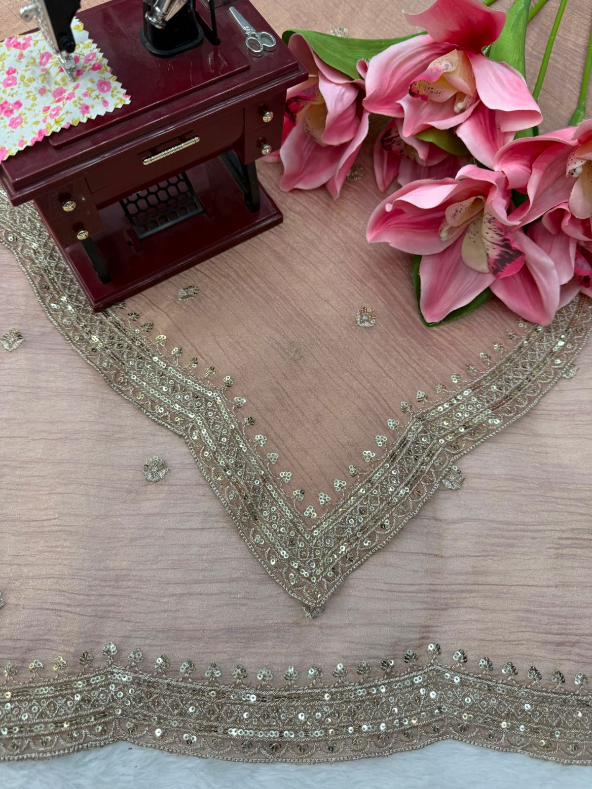 Peachy pink stylish handwork saree with blouse