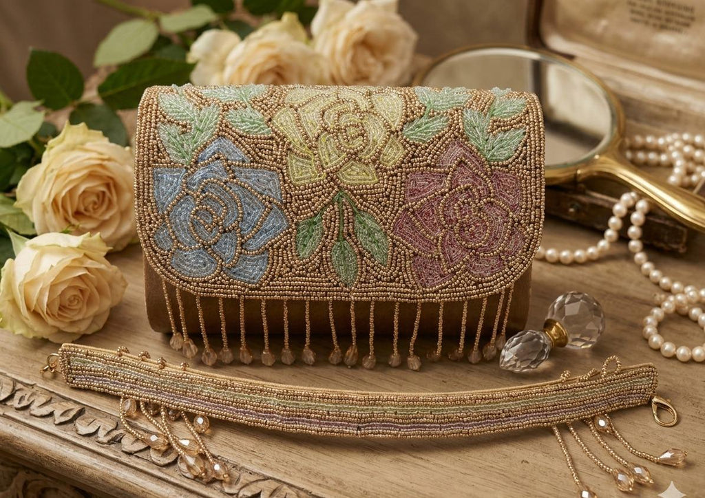 Pink floral beaded bag