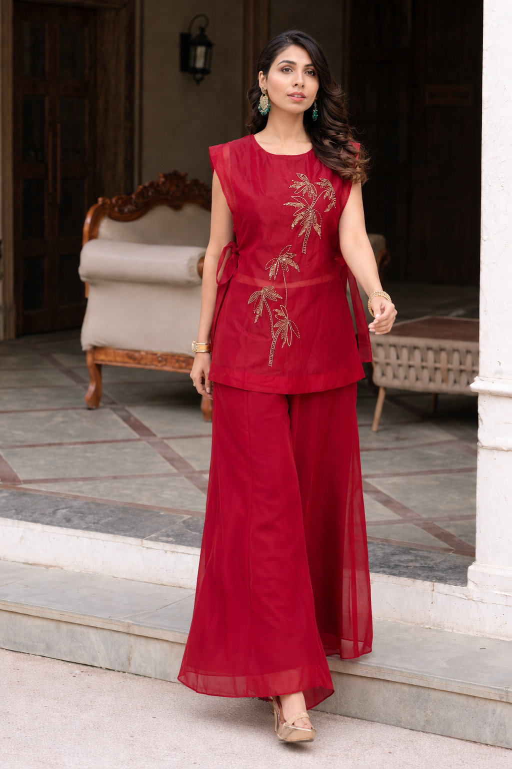 Red kurti with top and palazzo