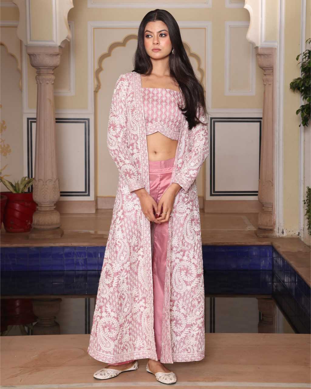 Pink indo western top with jacket and pent