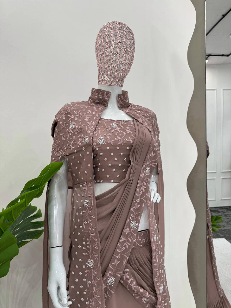 Brown ready to wear skirt saree blouse with cape jacket