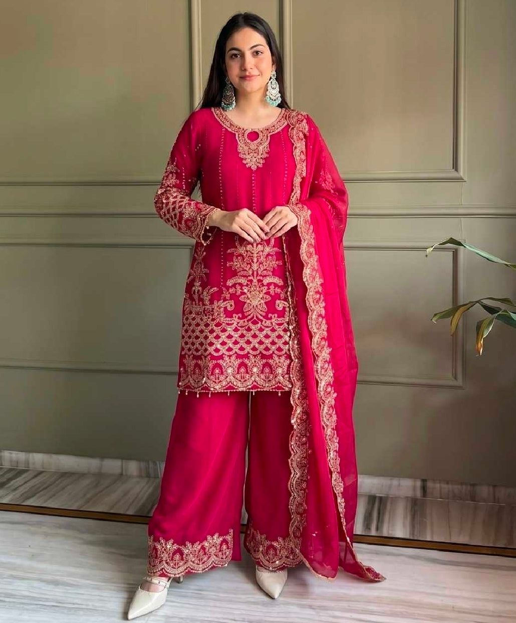Pink kurti with palazzo and dupatta set