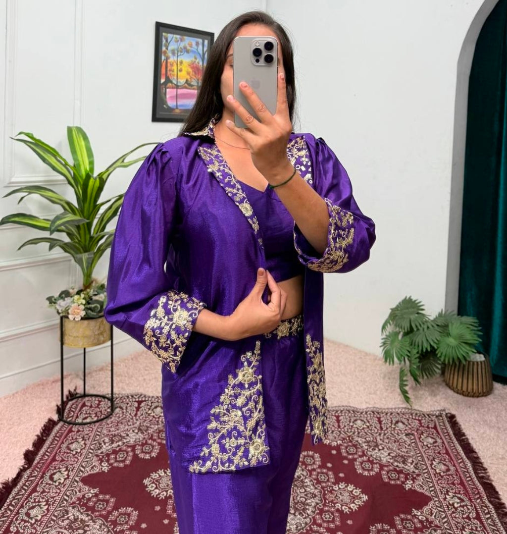 Purple indo western crop top with sharara and jacket set
