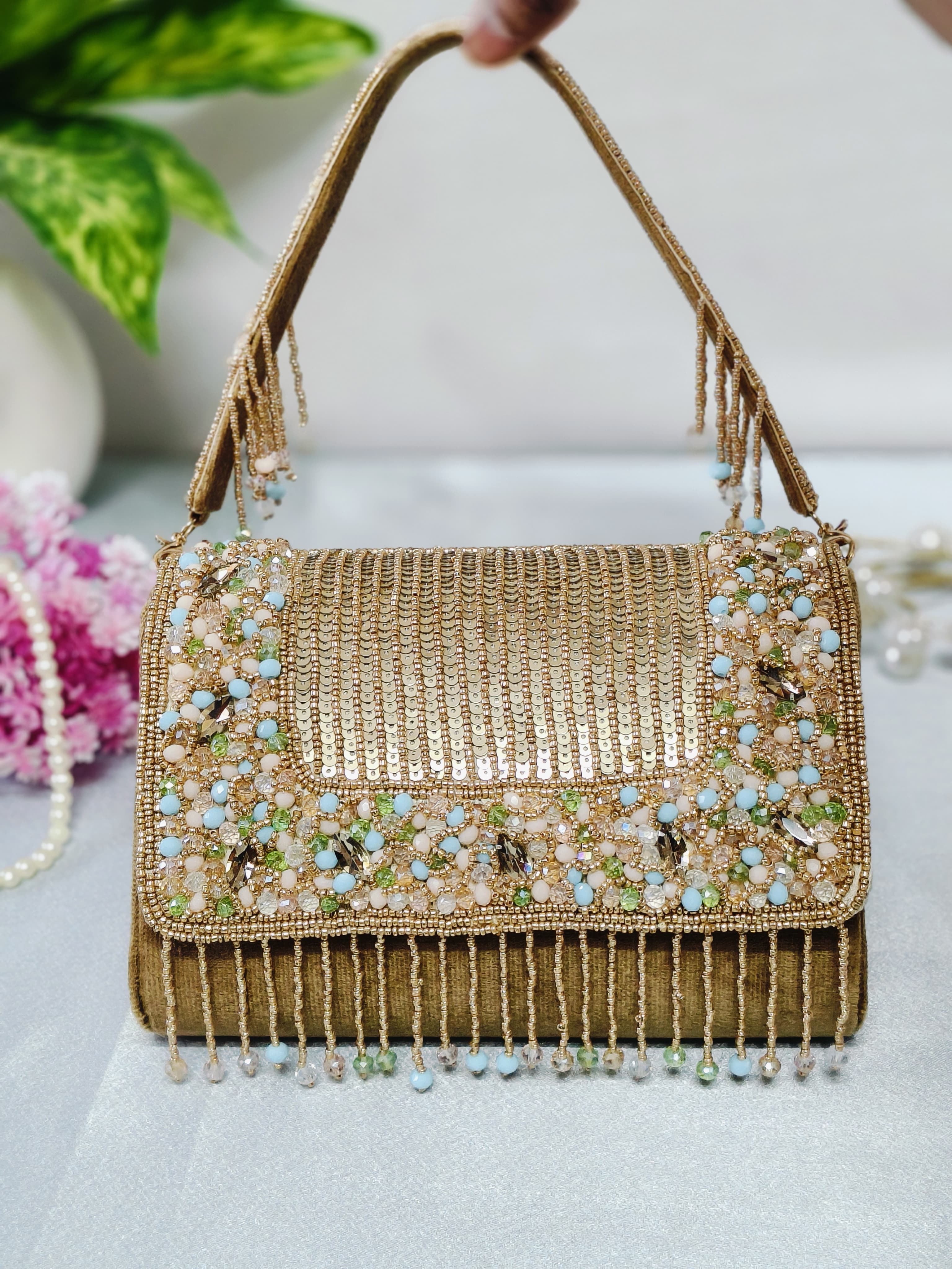 Pink beads stone work handbag
