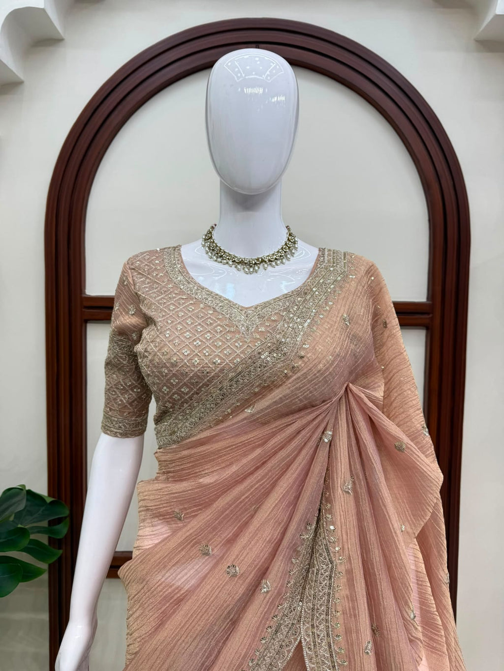 Peachy pink stylish handwork saree with blouse