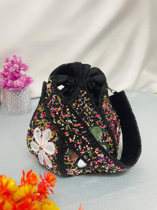 Black beaded indian potli bag