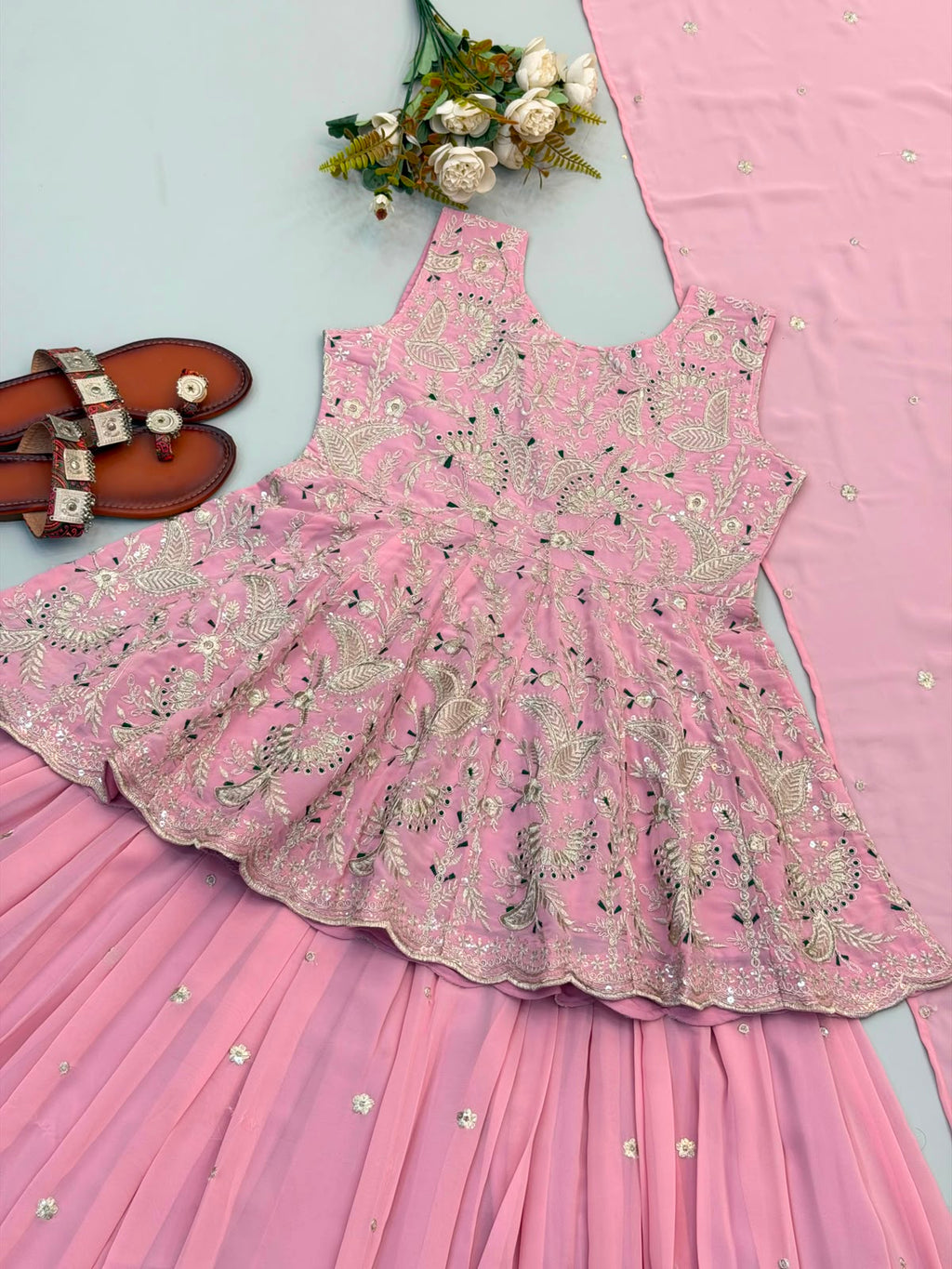 Pink indo western crop top with skirt and dupatta 3pc set