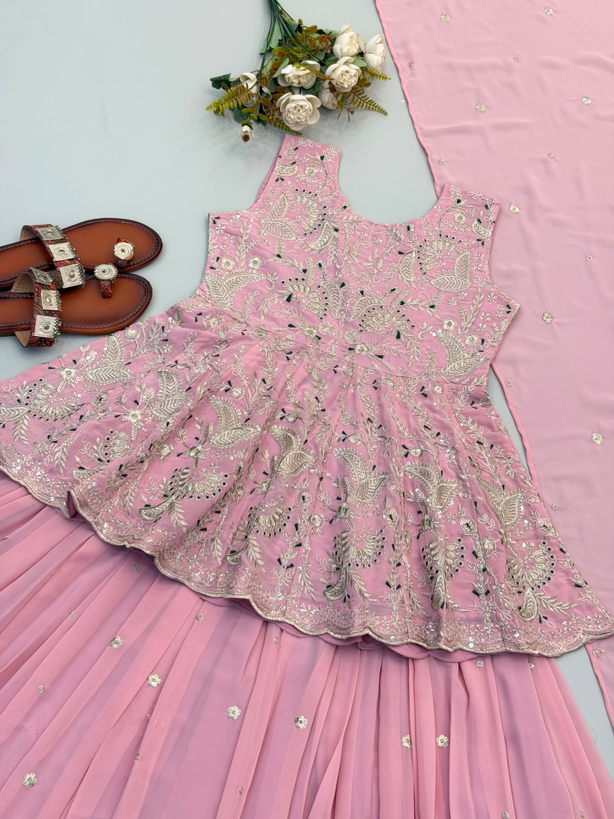 Pink indo western crop top with skirt and dupatta 3pc set