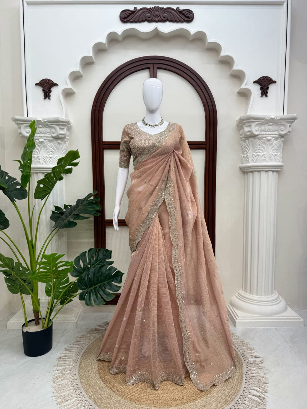 Peachy pink stylish handwork saree with blouse