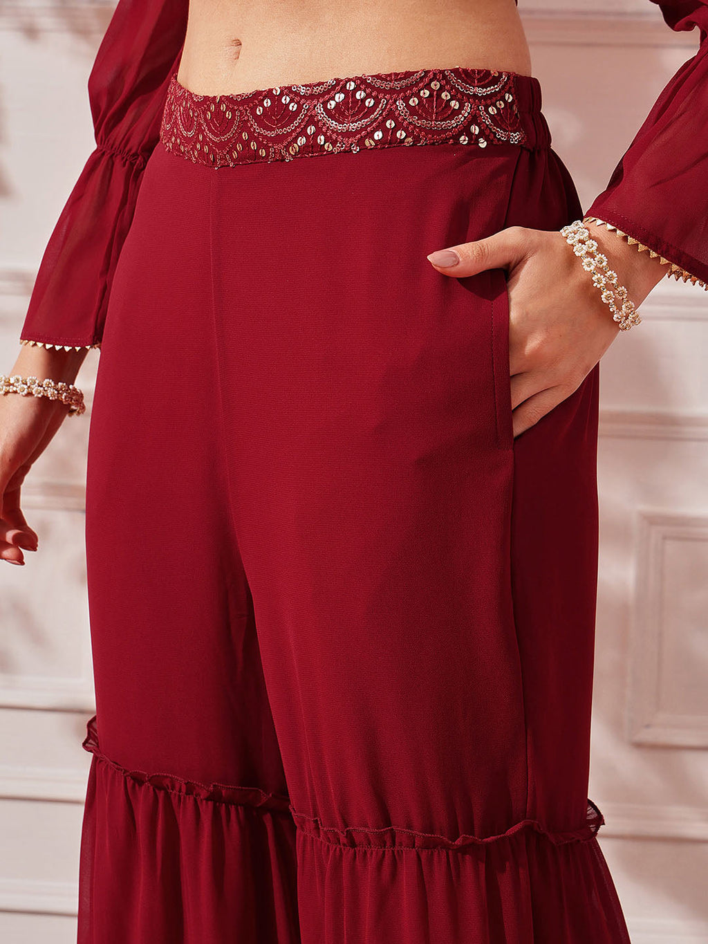 Maroon crop top with sharara and dupatta set