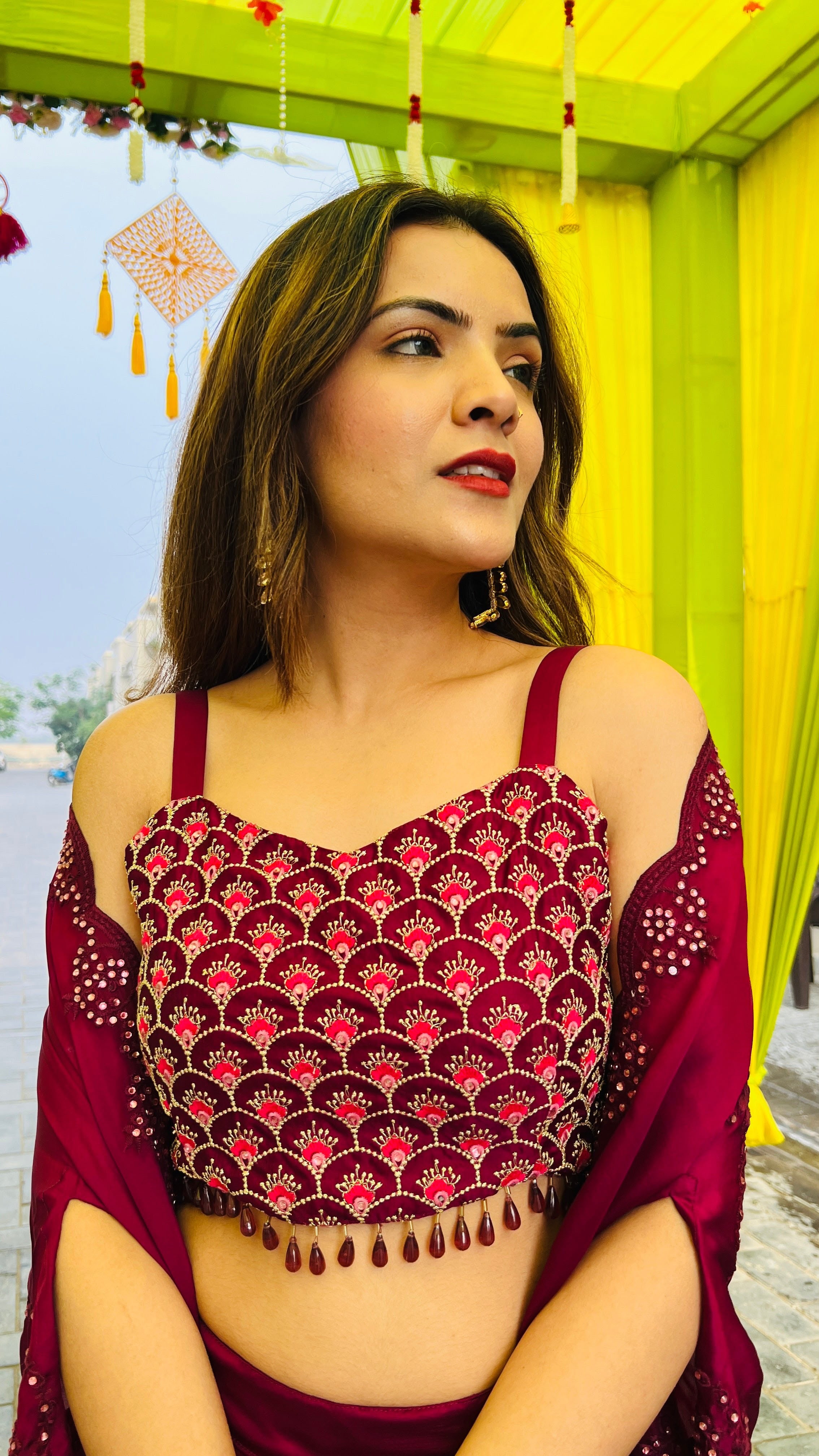 Red top with dhoti skirt and cape shrug set