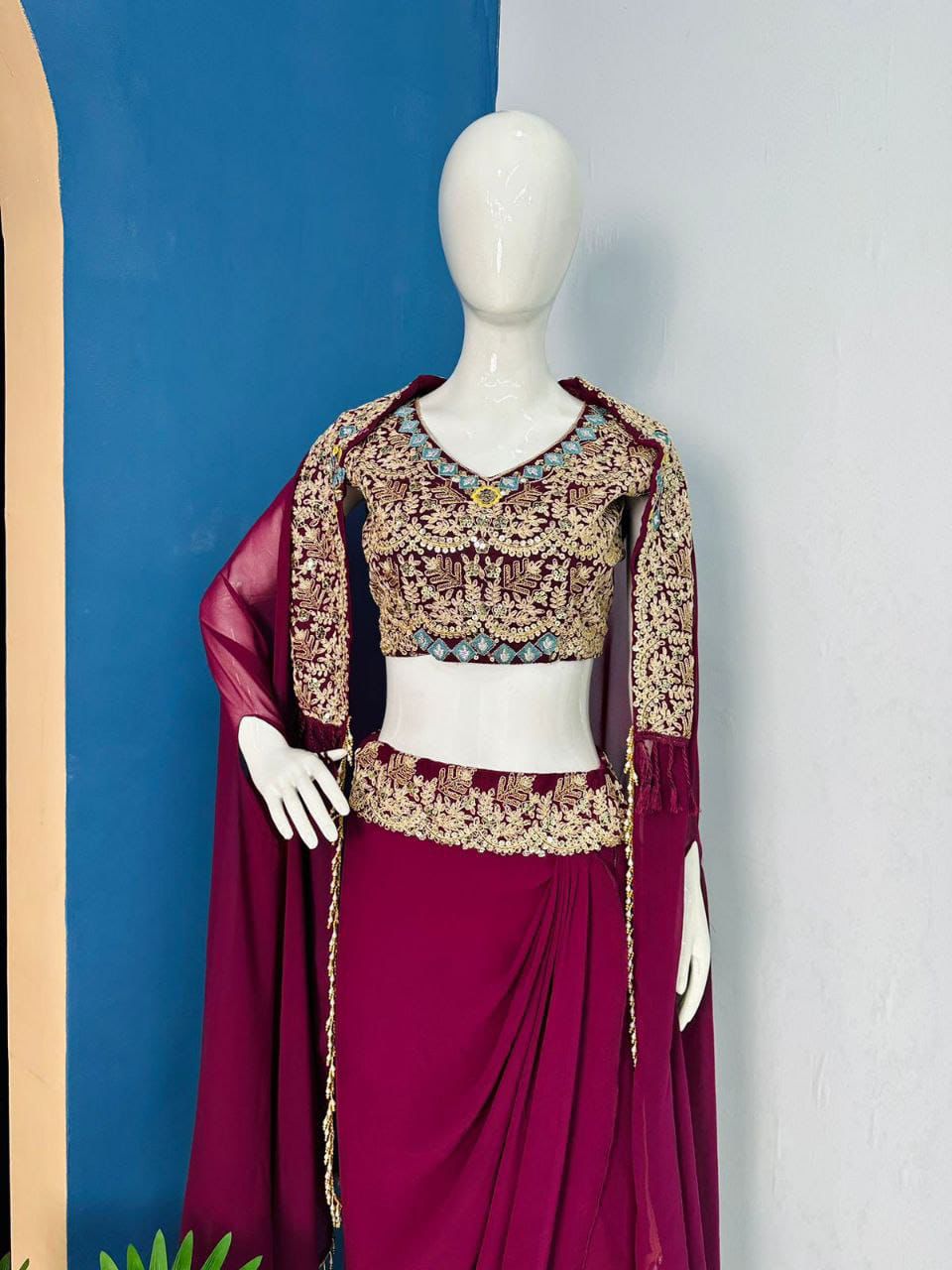 Purple dhoti with top and cape shrug set