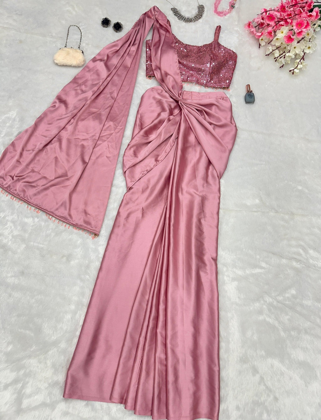 Pink silk dhoti saree with blouse