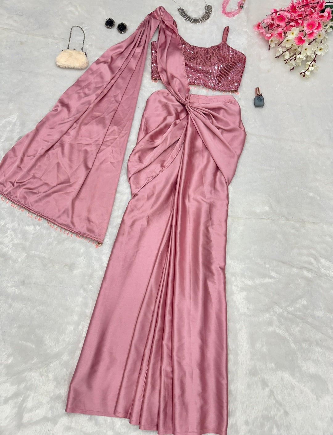 Pink silk dhoti saree with blouse