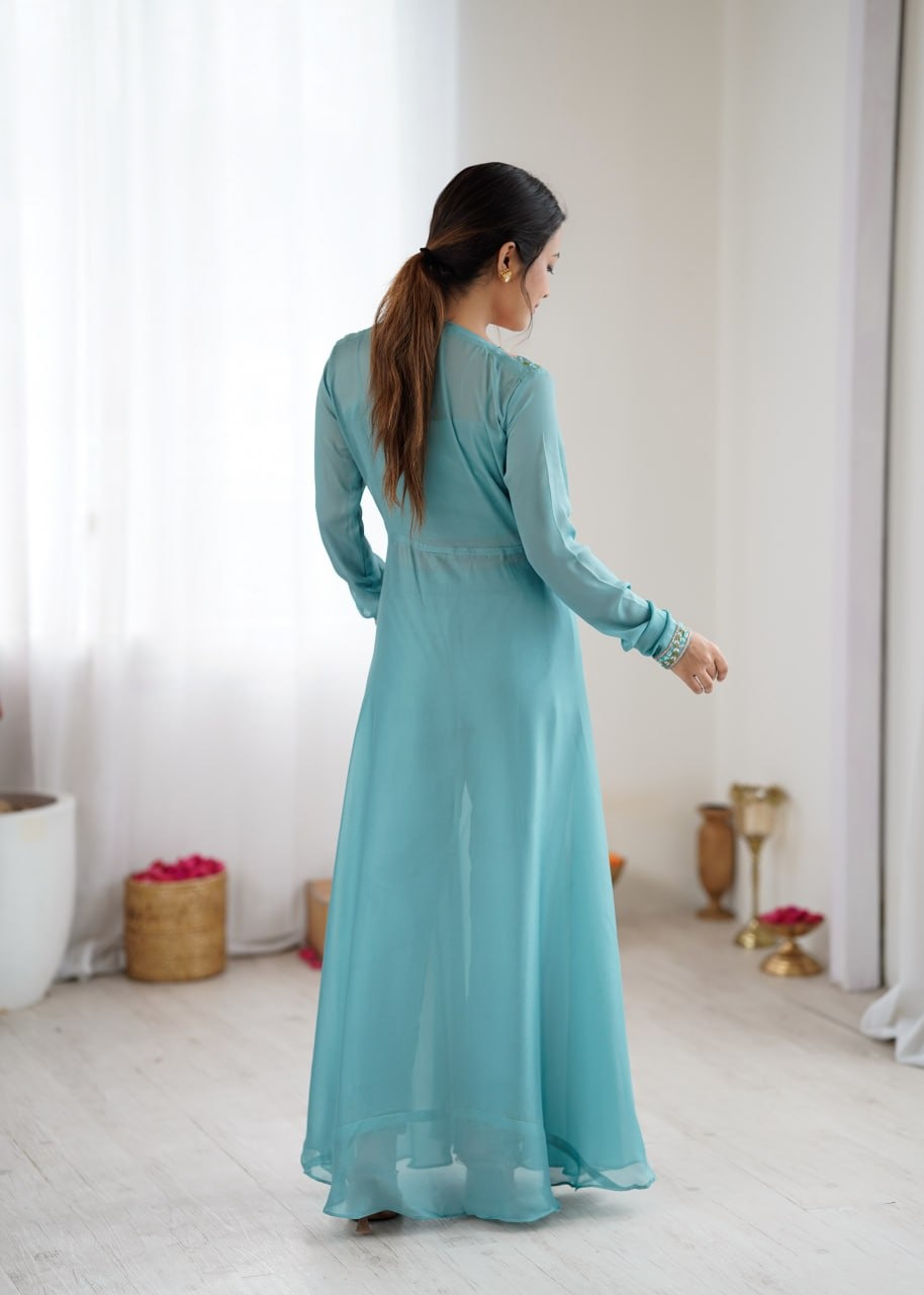 Blue long jacket with top and pent set