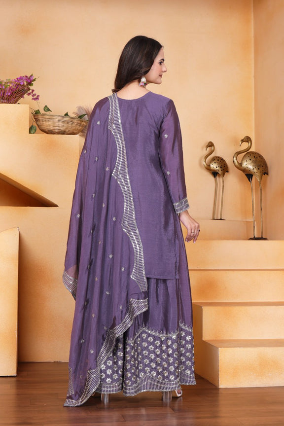 Purple kurti with flaired palazzo and dupatta set