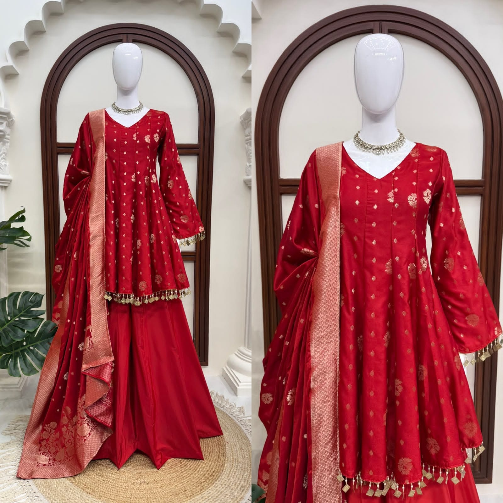 Red floral silk a line kurta palazzo set