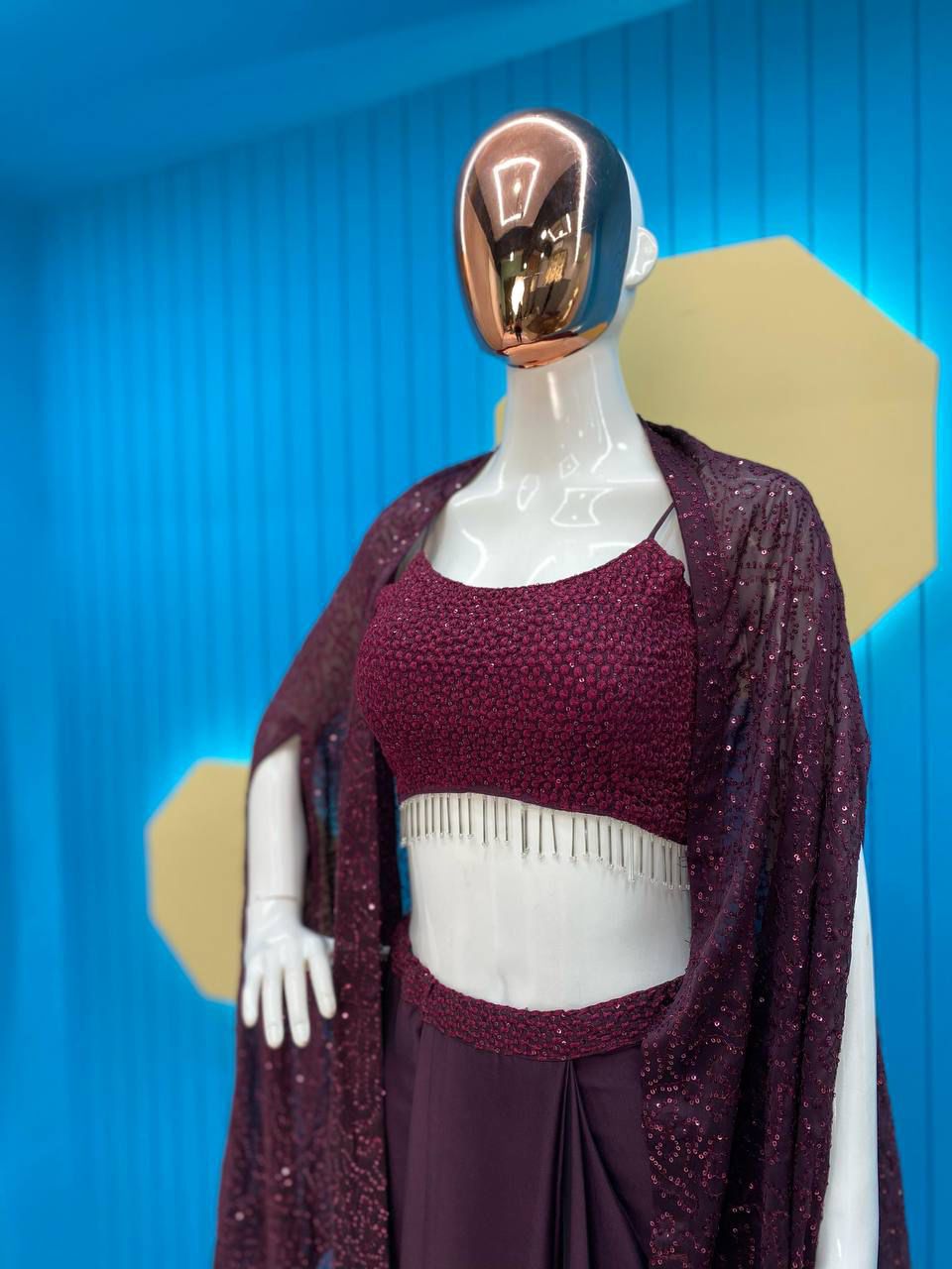 Purple pleated dhoti with top and cape jacket set