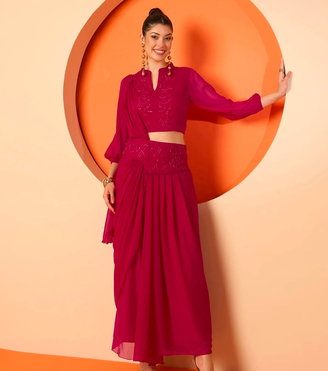 Pink pleated drape dhoti saree with blouse