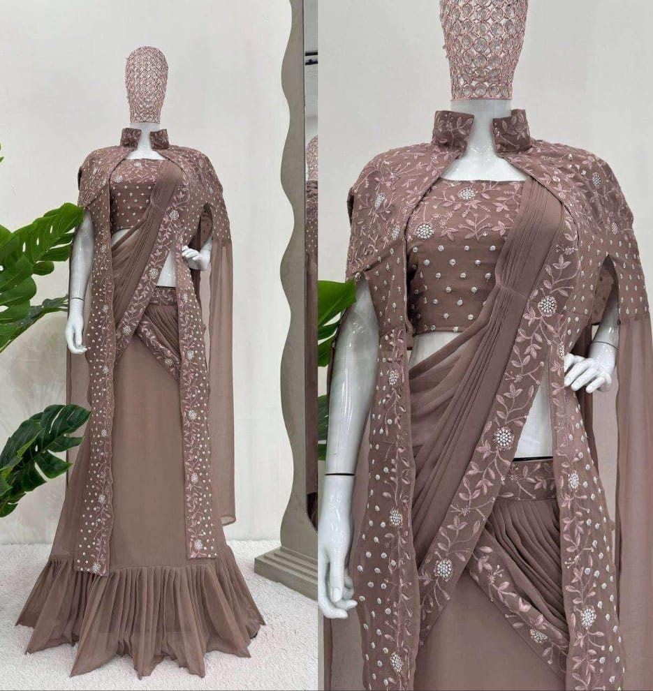 Brown ready to wear skirt saree blouse with cape jacket