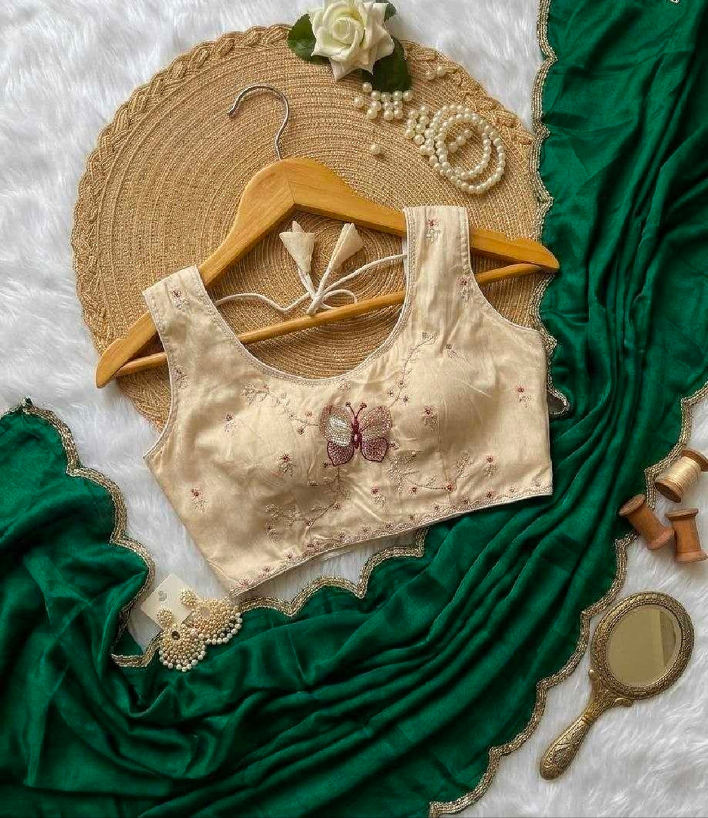 Green silk saree with white blouse