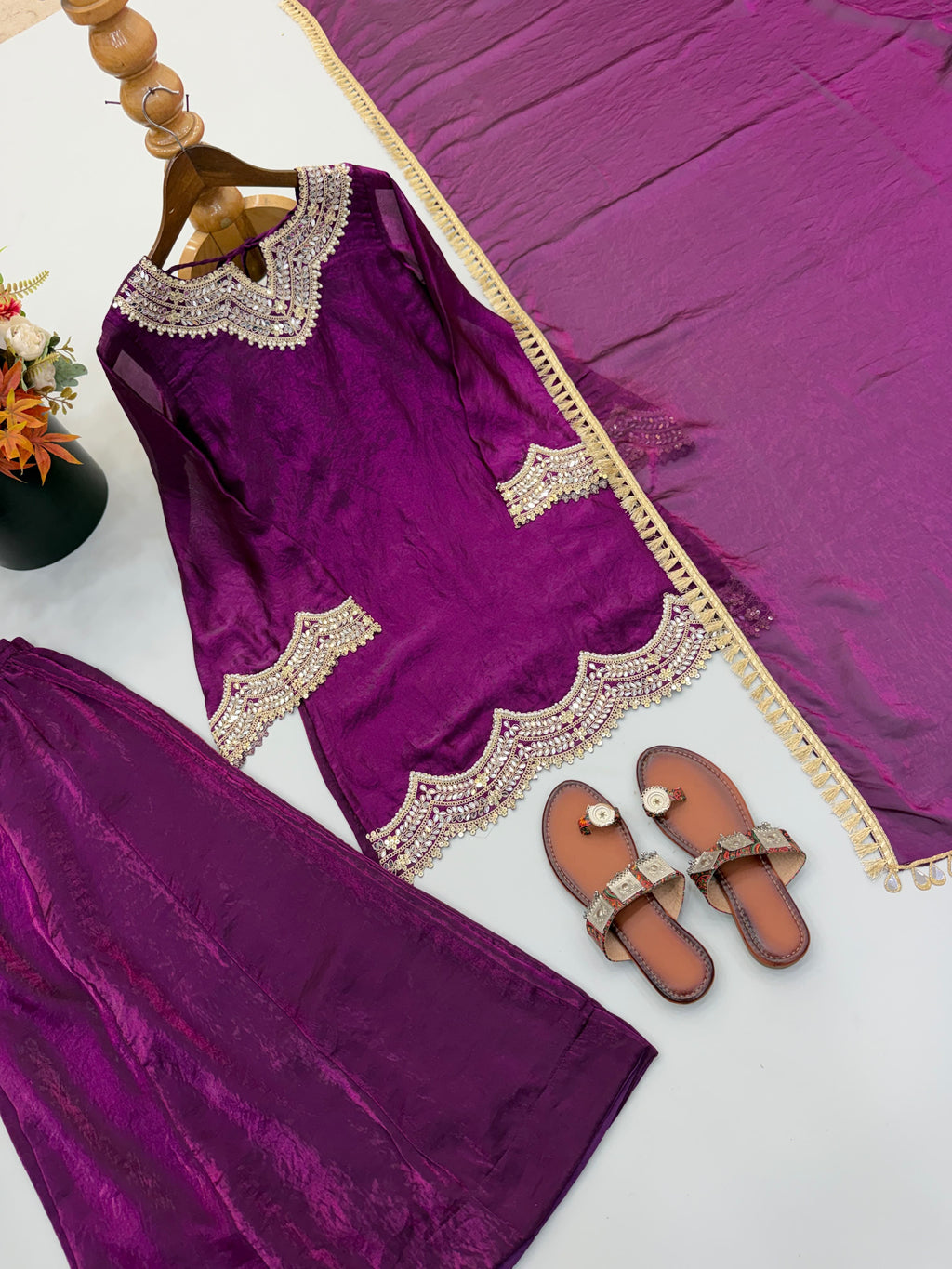 Purple silk palazzo with kurti and dupatta 3pc set