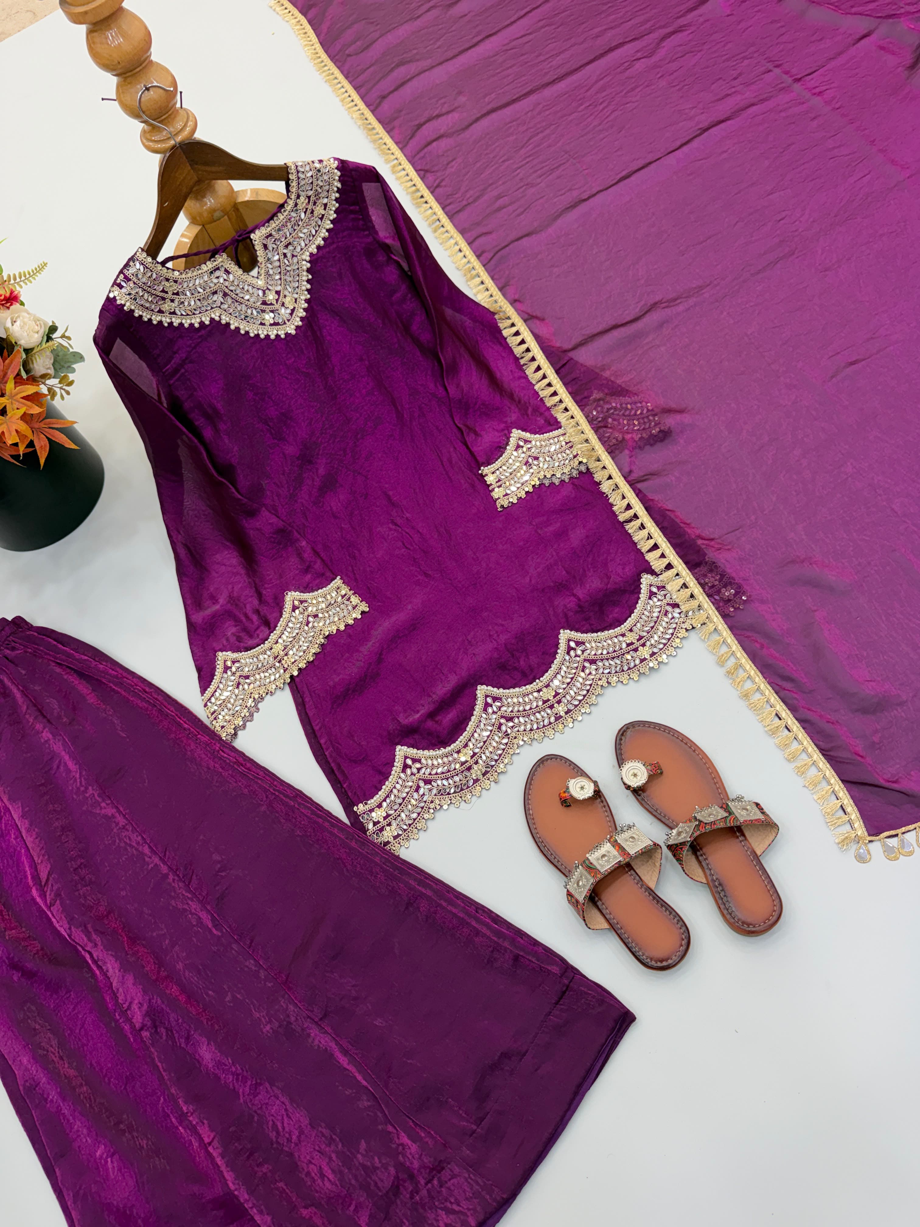 Purple silk palazzo with kurti and dupatta 3pc set