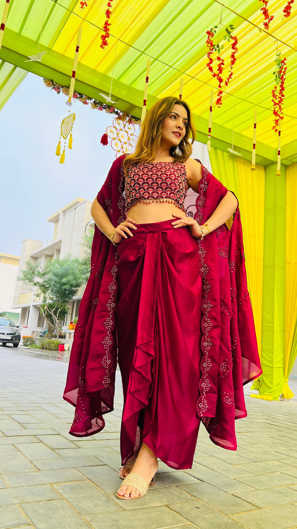 Red top with dhoti skirt and cape shrug set
