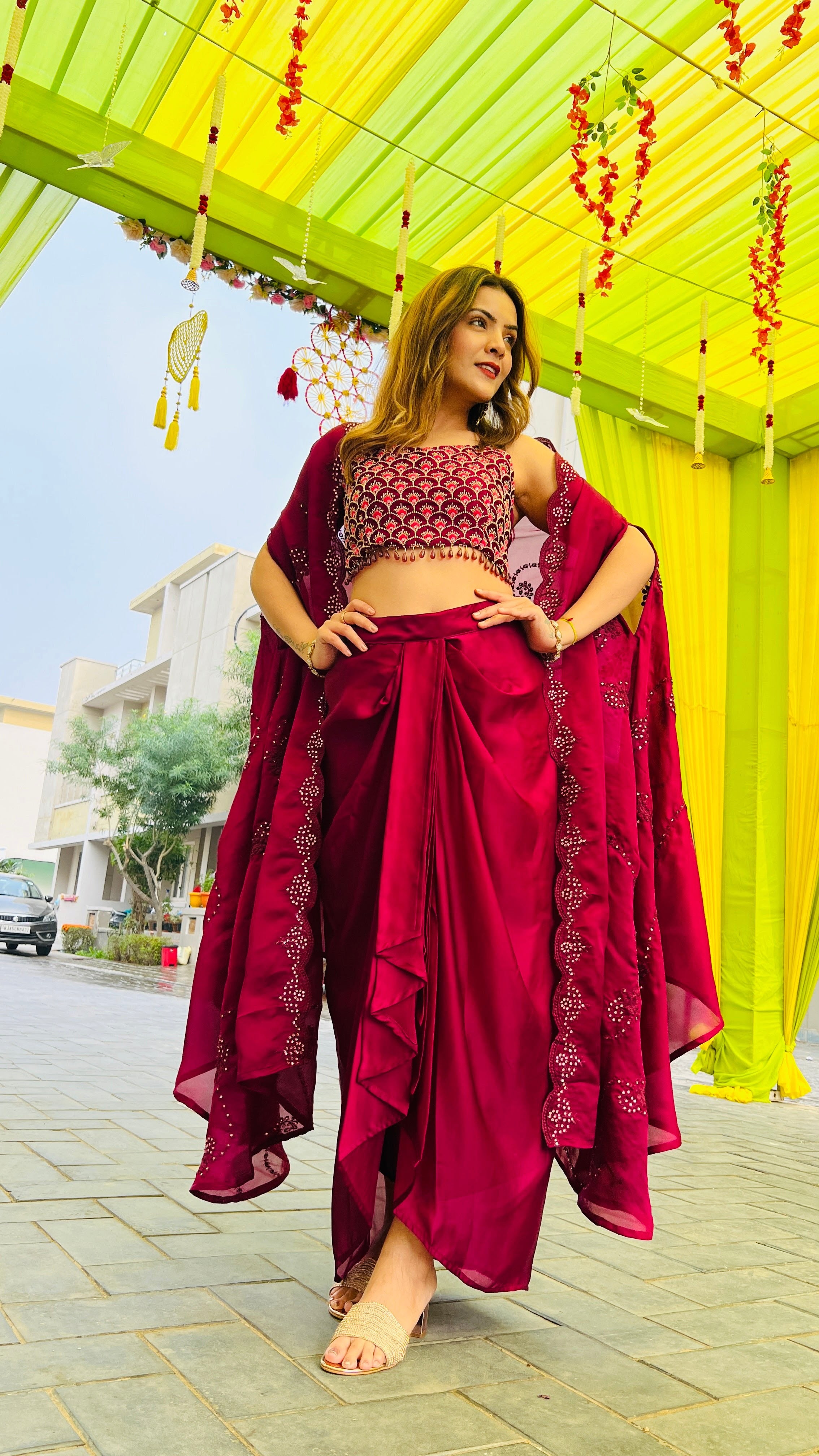 Red top with dhoti skirt and cape shrug set