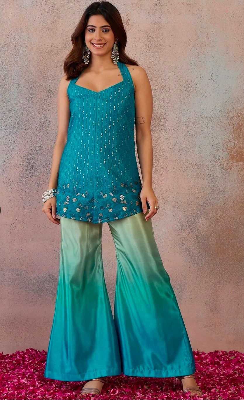 Blue indo western front slit with pents