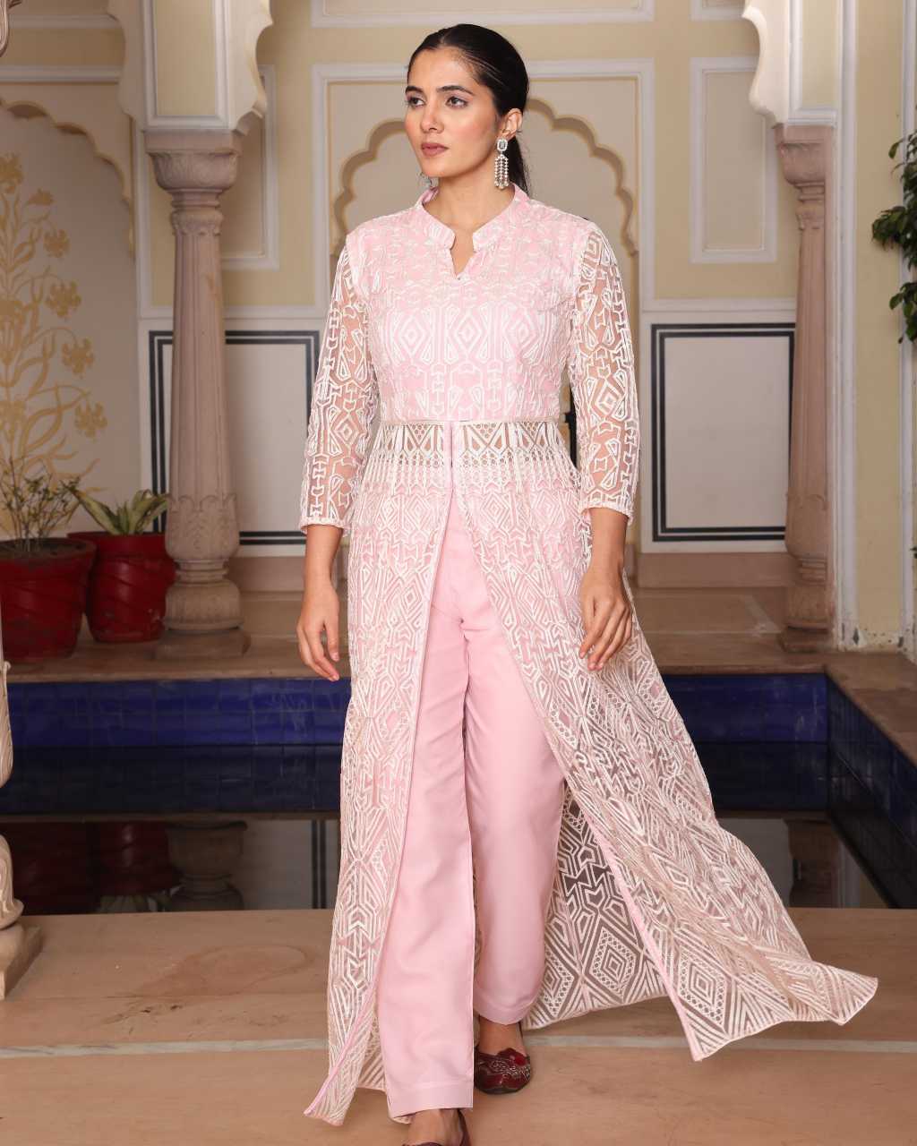 Pink front slit kurti with pent set