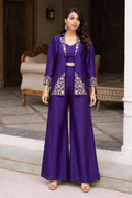 Purple indo western crop top with sharara and jacket set
