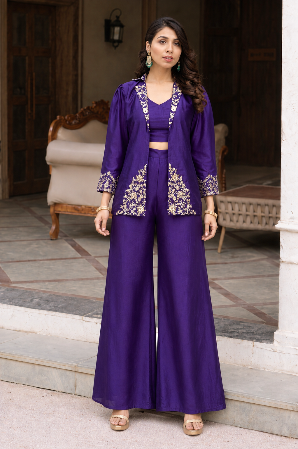Purple indo western crop top with sharara and jacket set