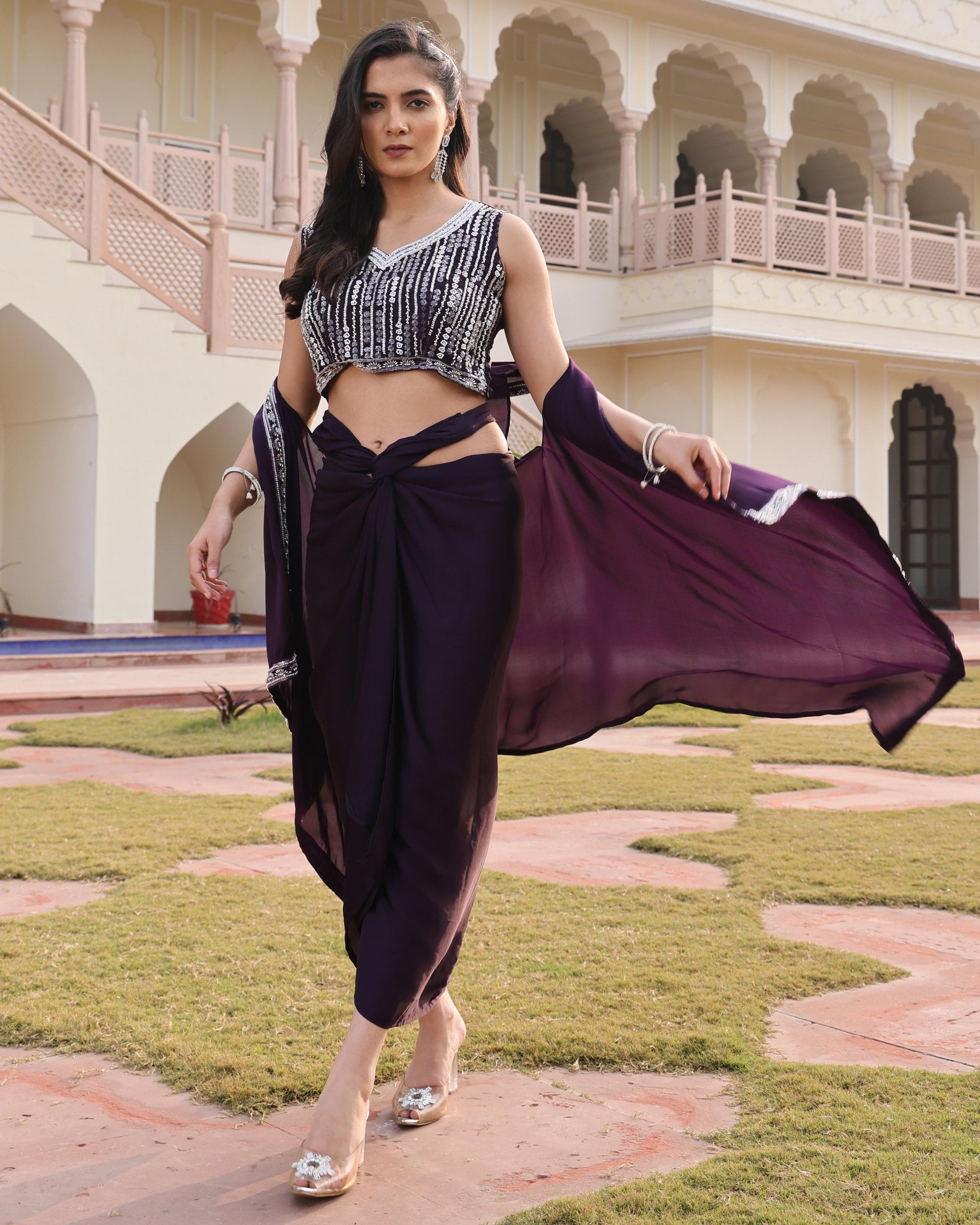 Purple top with dhoti and cape set
