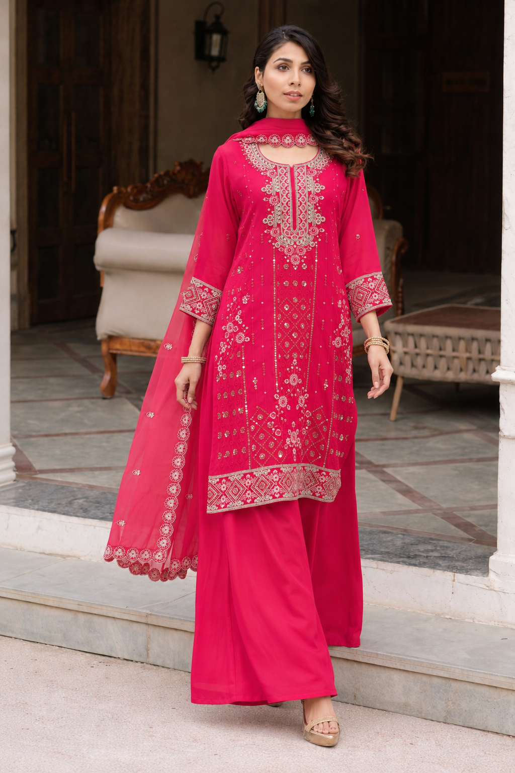 Pink kurti with palazzo and dupatta set
