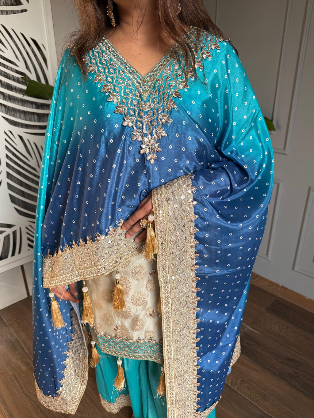 Orange kaftan with kurti and sharara set