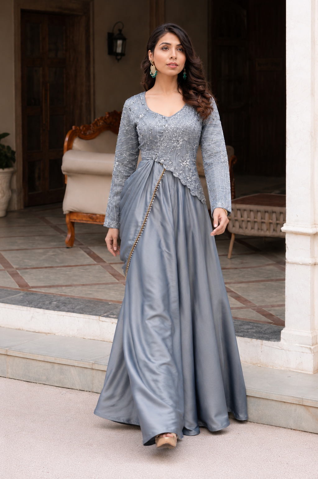 Grey silver ready to wear top with cape and lehenga set