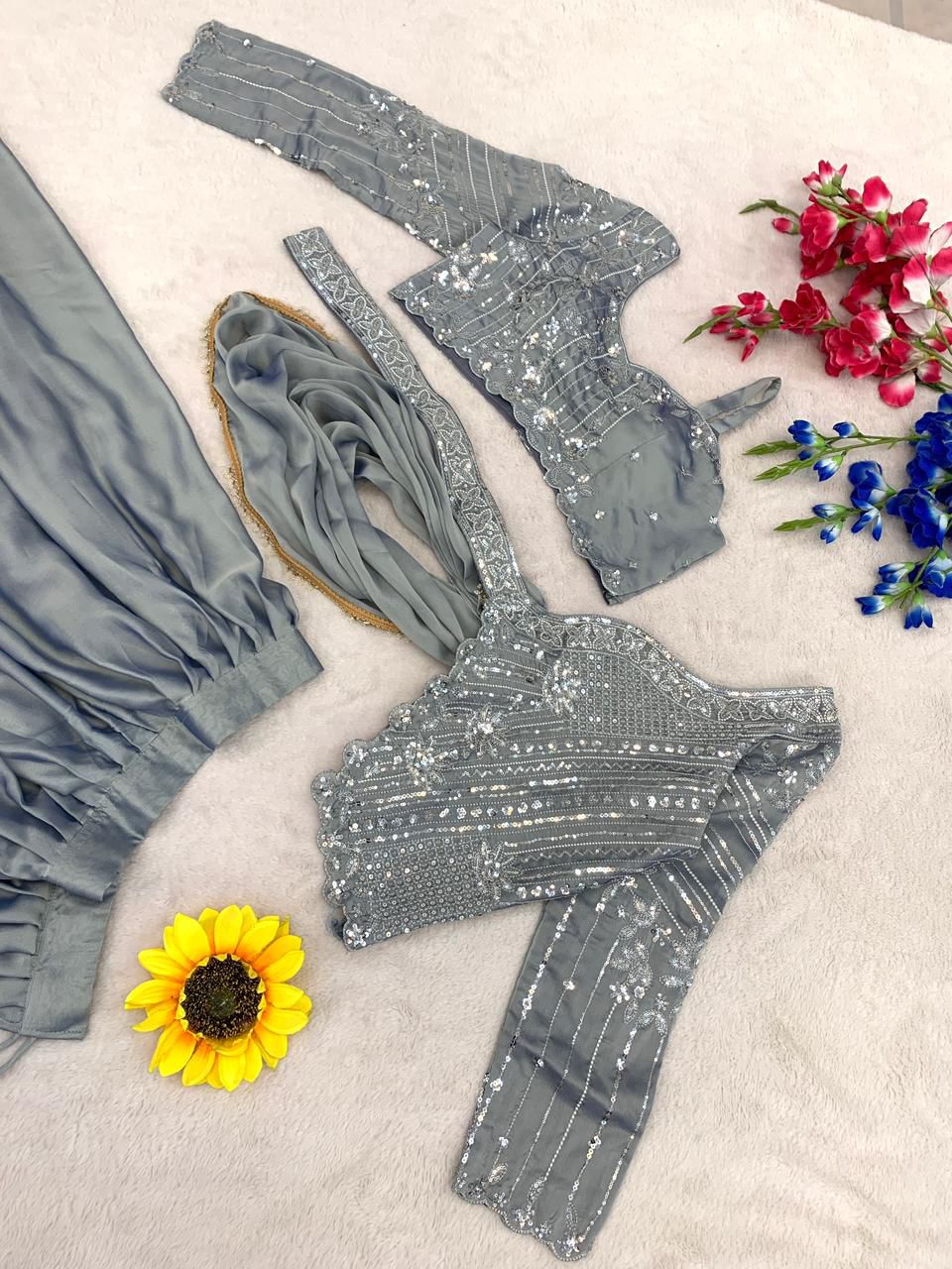 Grey silver ready to wear top with cape and lehenga set