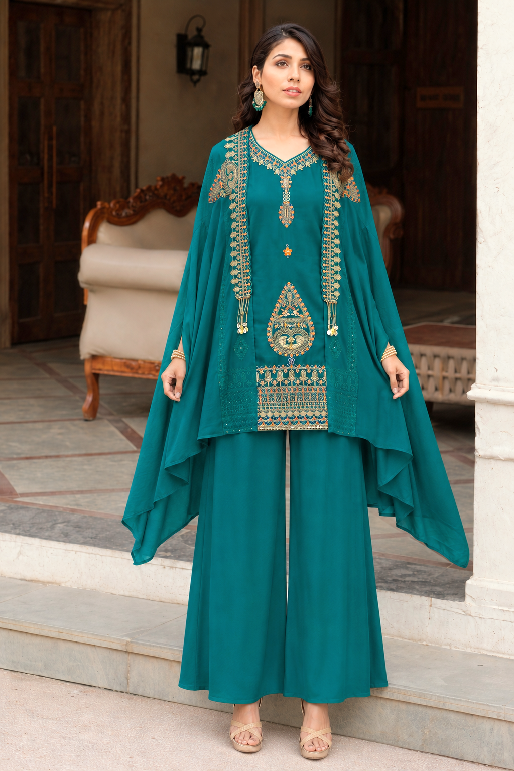 Blue cape with kurti and palazzo set