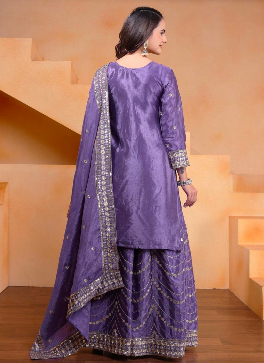 Purple kurti with flaired palazzo and dupatta set