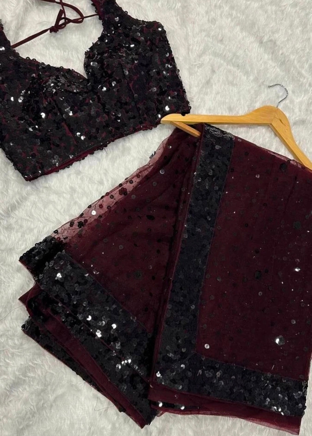 Maroon net sequin saree with blouse