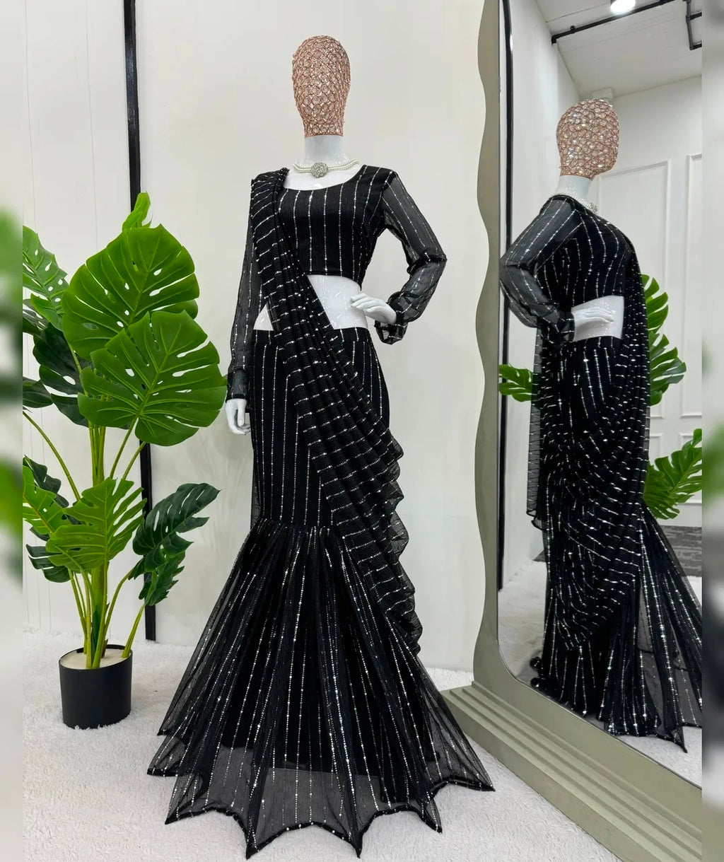 Black fish cut saree with blouse set