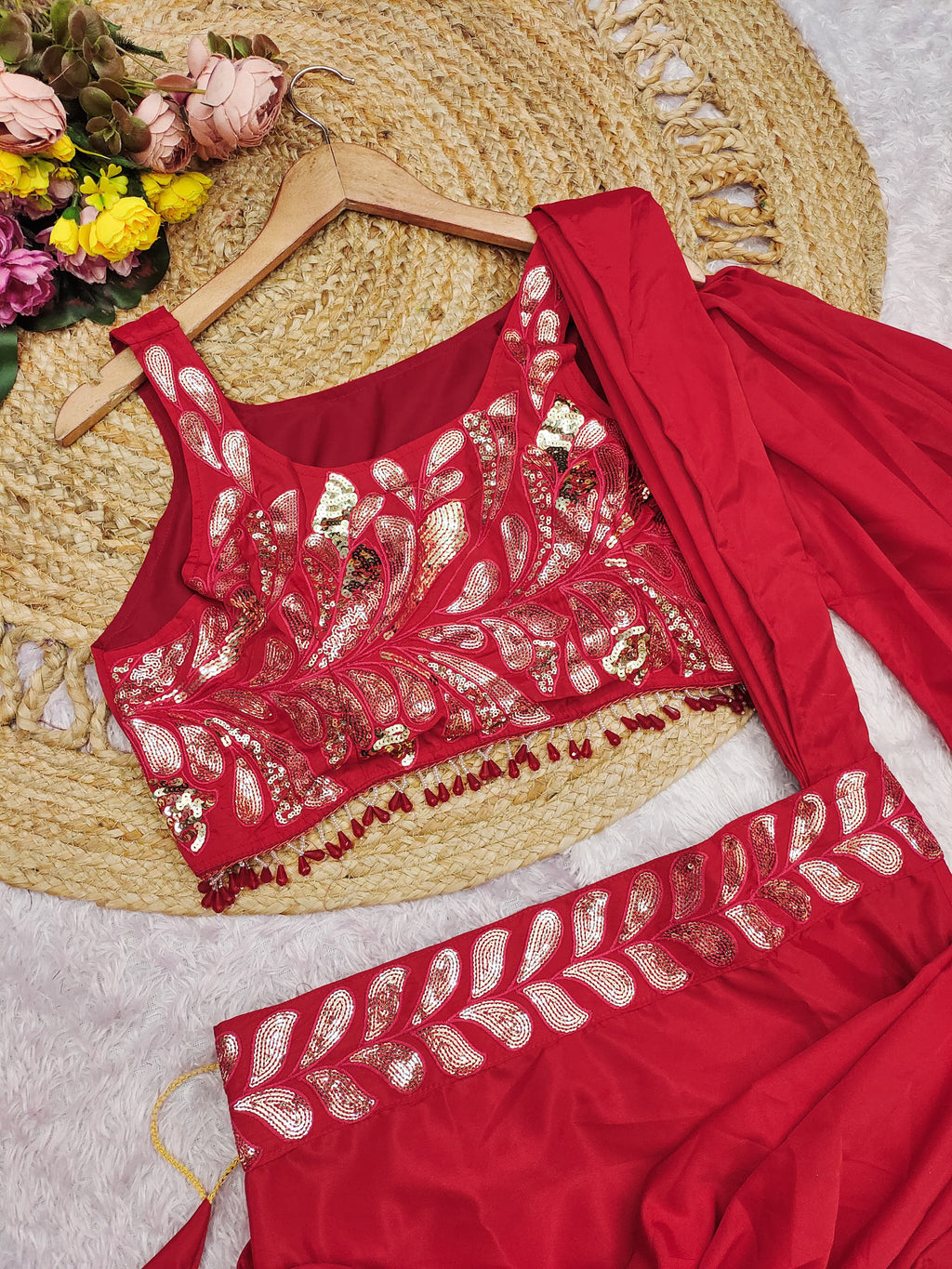 Red indo western top with skirt and attached drape