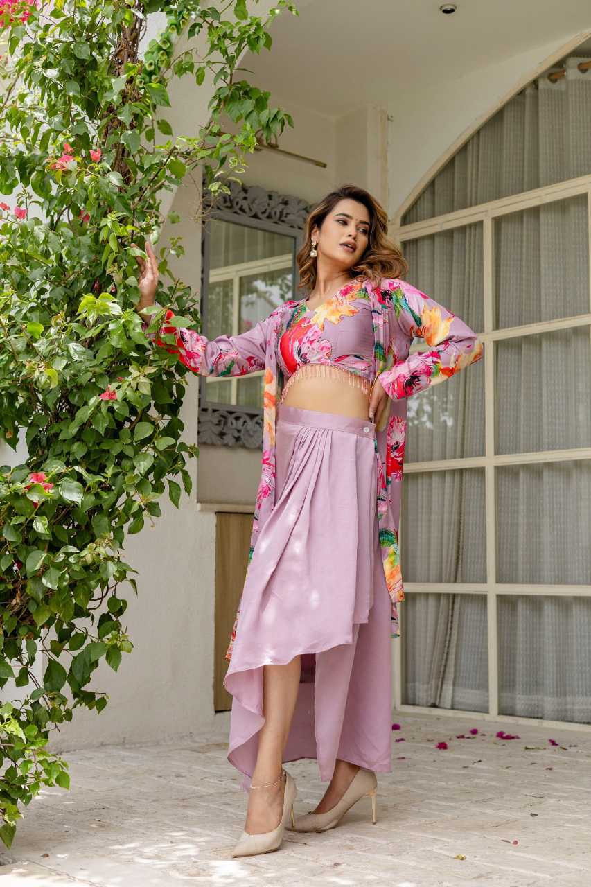 Purple pleated dhoti skirt with cape and top