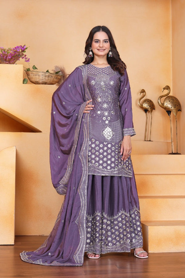 Purple kurti with flaired palazzo and dupatta set