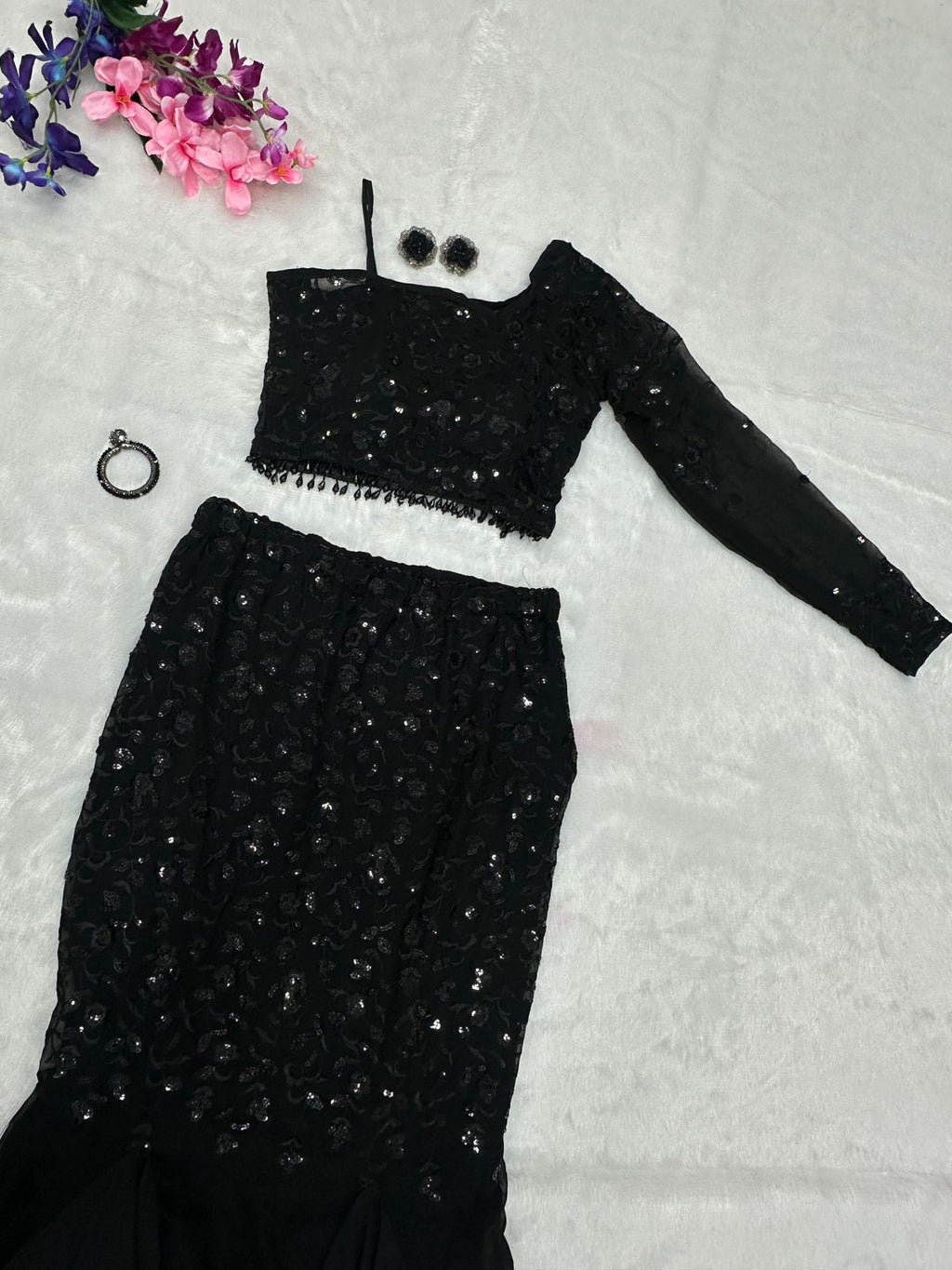 Black fish cut indo western lehenga set