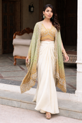 Yellow dhoti skirt with bandhani shrug and top set