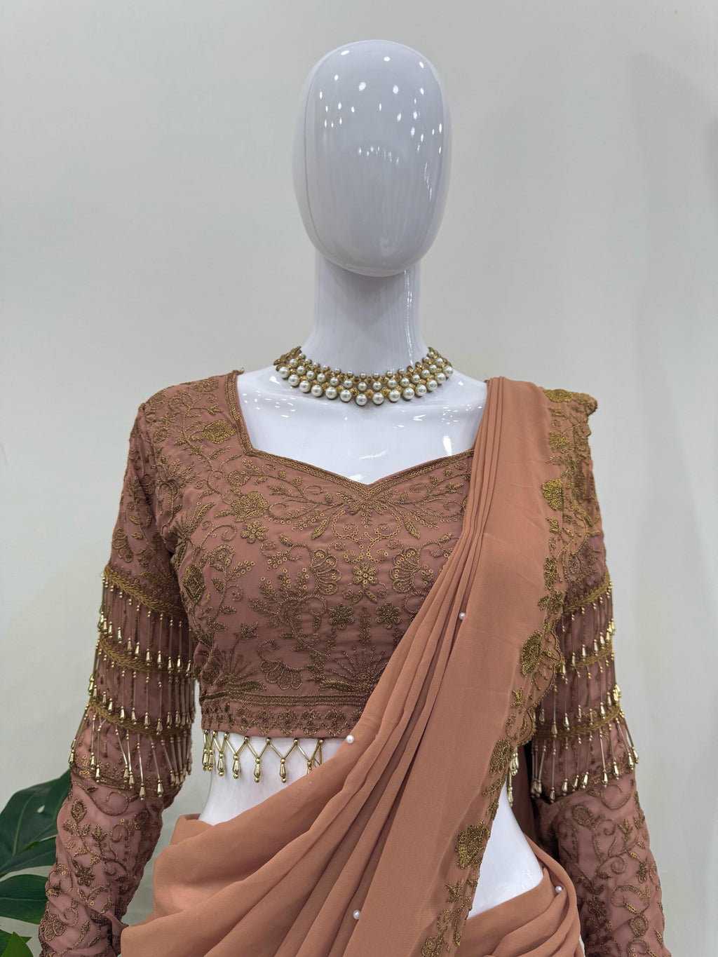 Brown lehenga saree with blouse